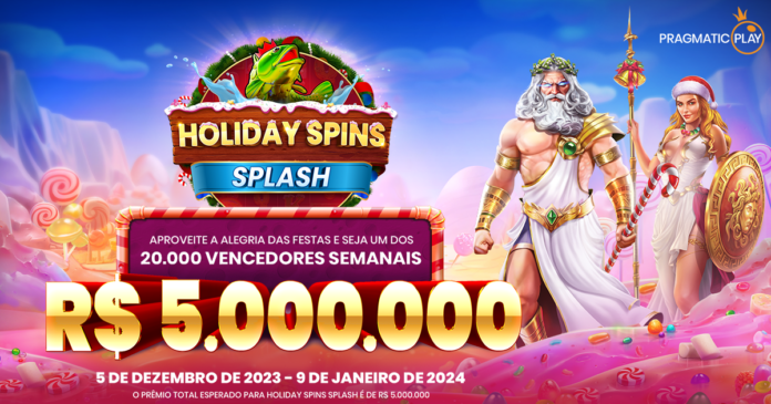 Promoção Holiday Spins Splash com Poseidon em estilo cartoon e uma sereia, com texto sobre o evento de 5 de dezembro de 2023 a 9 de janeiro de 2024, e