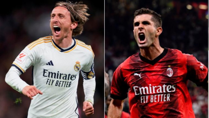 Dois gigantes do futebol europeu se encontram: Real Madrid e AC Milan prontos para um duelo de emoções no Santiago Bernabéu! Quem será o protagonista da noite? As apostas estão abertas e a torcida está em peso! Imagem: SportingNews